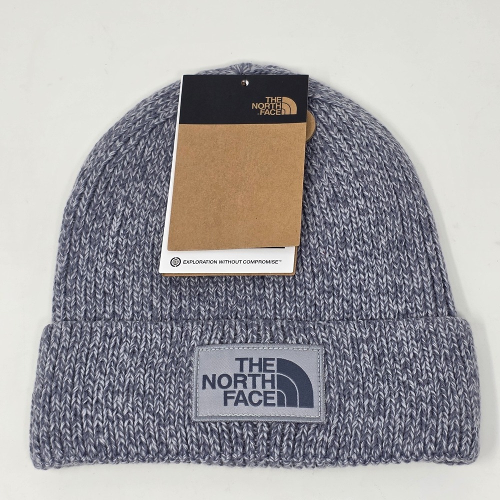 The North Face Logo Box Cuffed Knitted Beanie Blue Flax Unisex Adult Grey